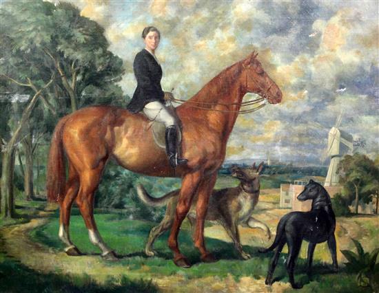 Modern British Portrait of an equestrienne with dogs in a landscape 28 x 36in.